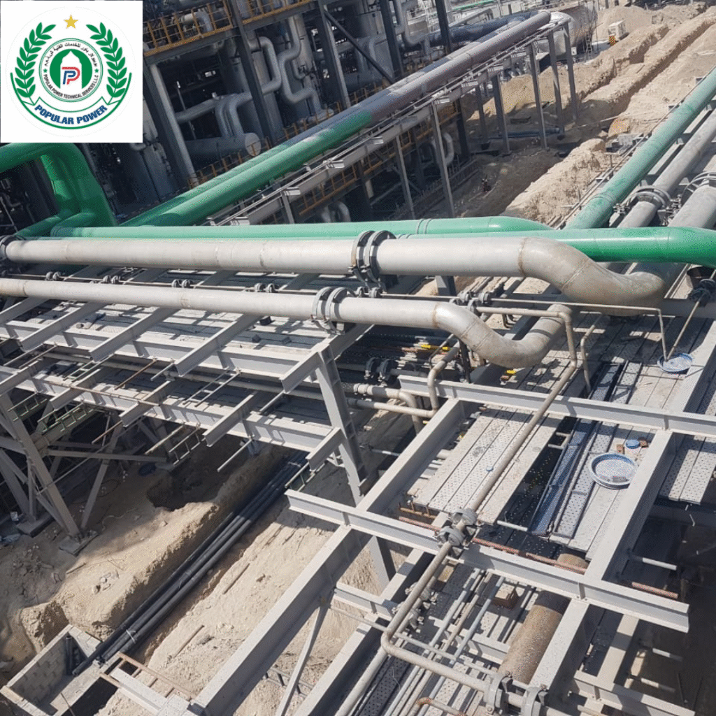 Large-scale mechanical piping system installed by Popular Power Technical Service L.L.C at an industrial site in Dubai, showcasing advanced MEP infrastructure and engineering precision.