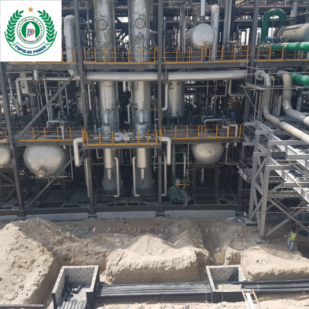 MEP installation completed at industrial facility in Dubai by Popular Power Technical Service L.L.C, showcasing high-level mechanical and electrical engineering work.