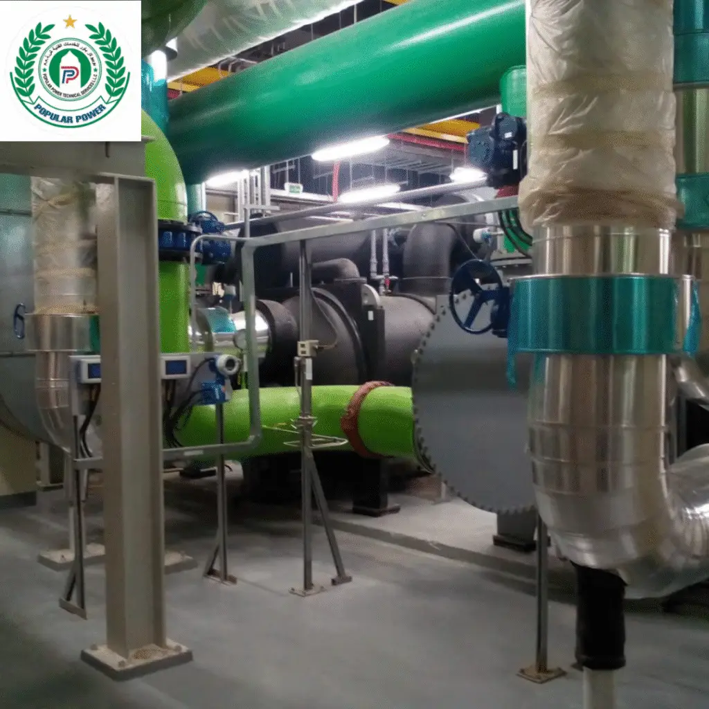 "Completed MEP installation showcasing industrial-grade green chilled water piping and mechanical equipment by PPTS Electrical and Mechanical Engineering L.L.C in Dubai"